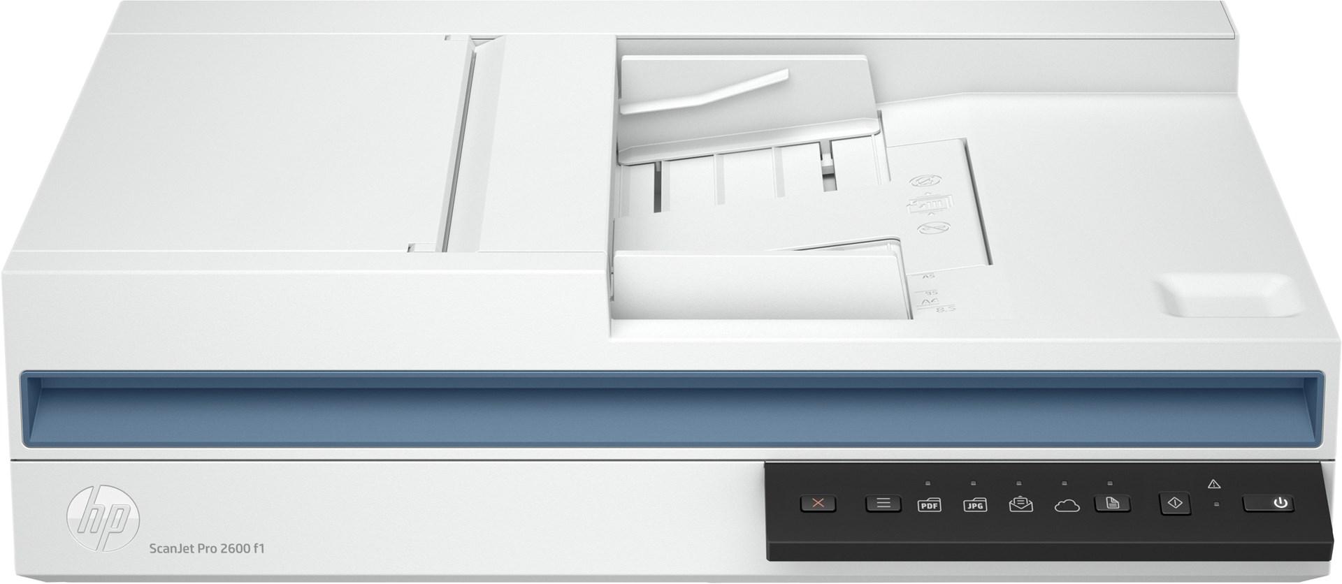 Scanner HP ScanJet Pro 2600 f1 — flatbed og ADF, A4, 600 dpi, hvid