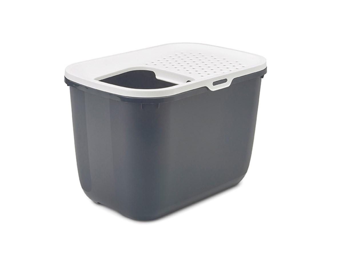 Kattebakke med topindgang – SAVIC HOP, antracit/hvid, 58,5 × 39 × 39,5 cm