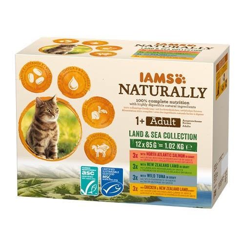 Vådfoder til kat – IAMS Naturally Adult Land & Sea, 12 x 85 g