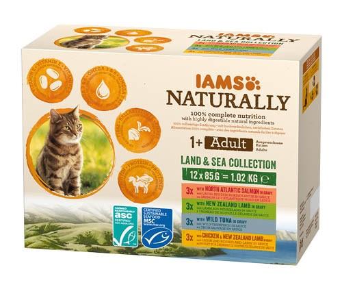 Vådfoder til kat – IAMS Naturally Adult Land & Sea, 12 x 85 g