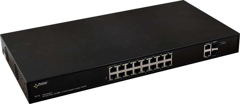 Netværksswitch PULSAR SF116 – Managed Fast Ethernet PoE, 1U, sort billede