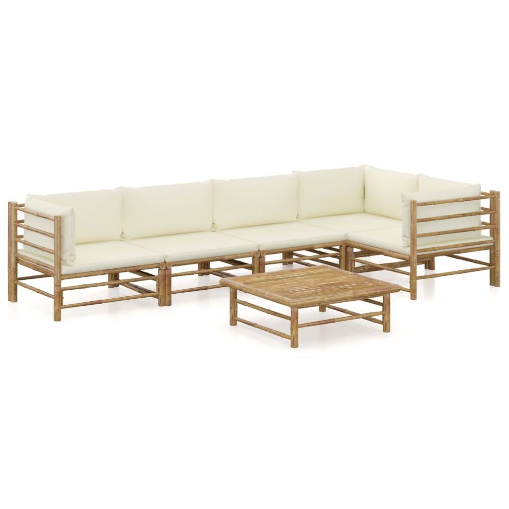 Loungesæt Til Haven 6 Dele Med Hynder Bambus - Creme / 2x midterdel 3x hjørnedel bord