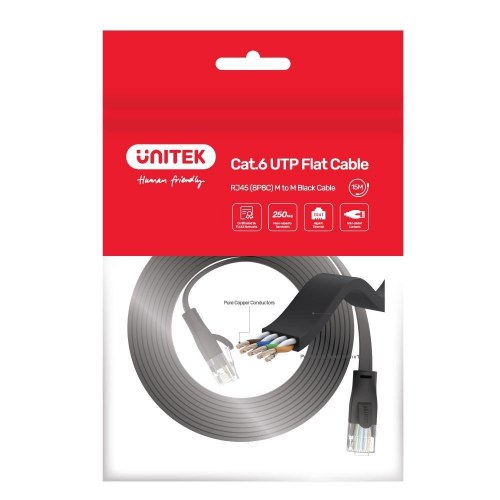 Netværkskabel Cat6 flad – UNITEK, 3 m, RJ45 han/han, sort
