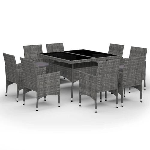 Spisebordssæt til haven 9 dele polyrattan og glas grå