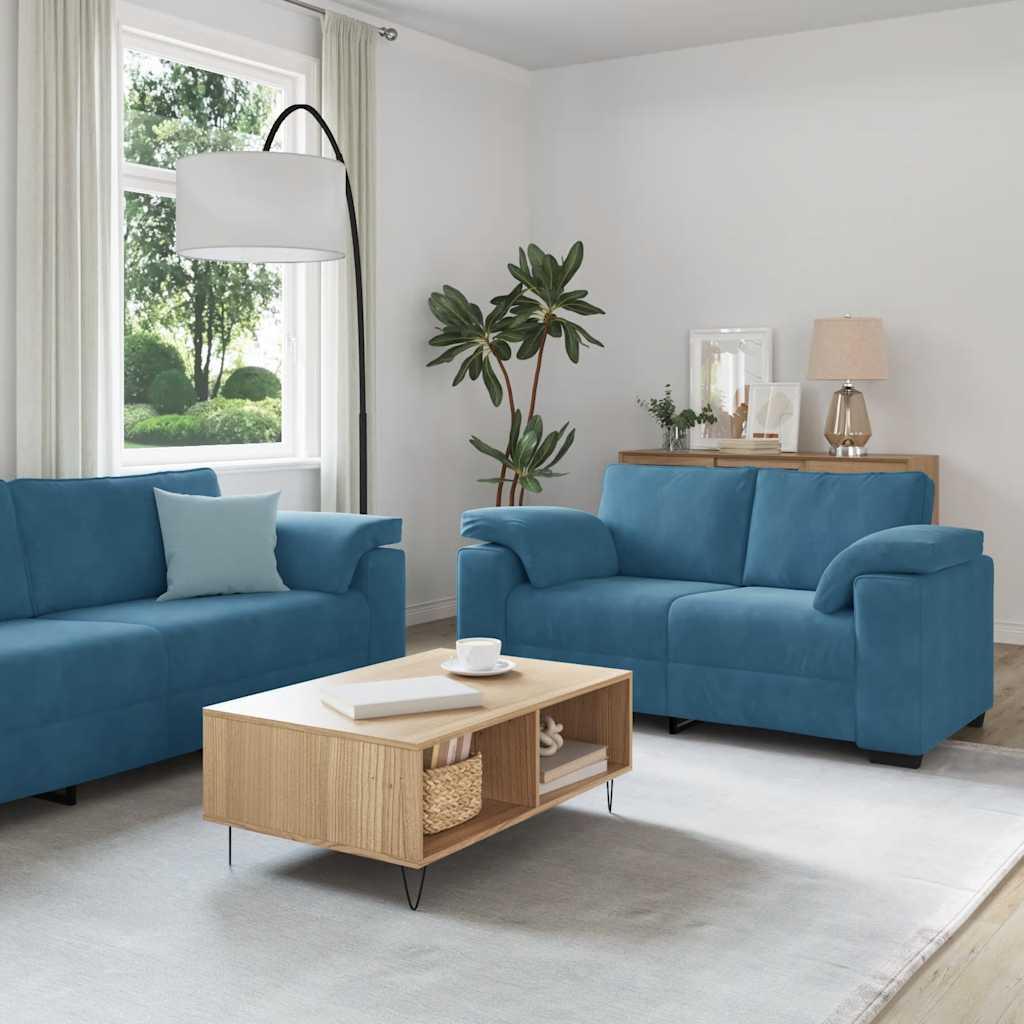 Sofasæt i velour - 3 dele med hynder, blå