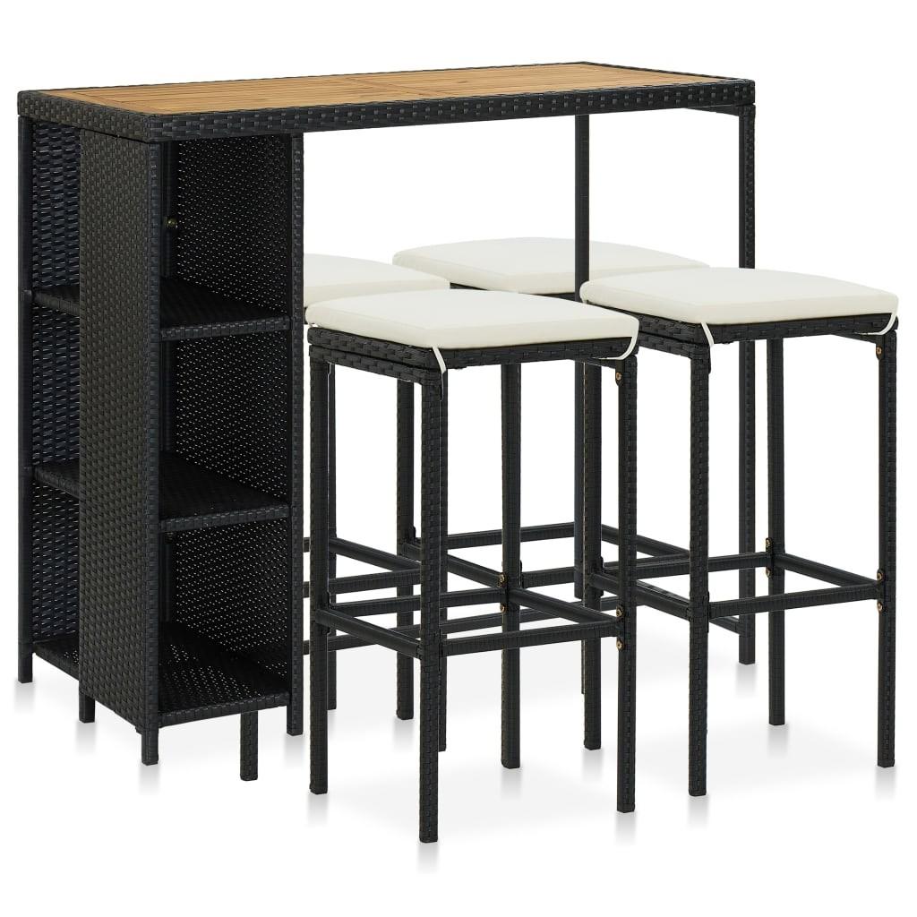 Havebarsæt 5 dele med hynder polyrattan sort