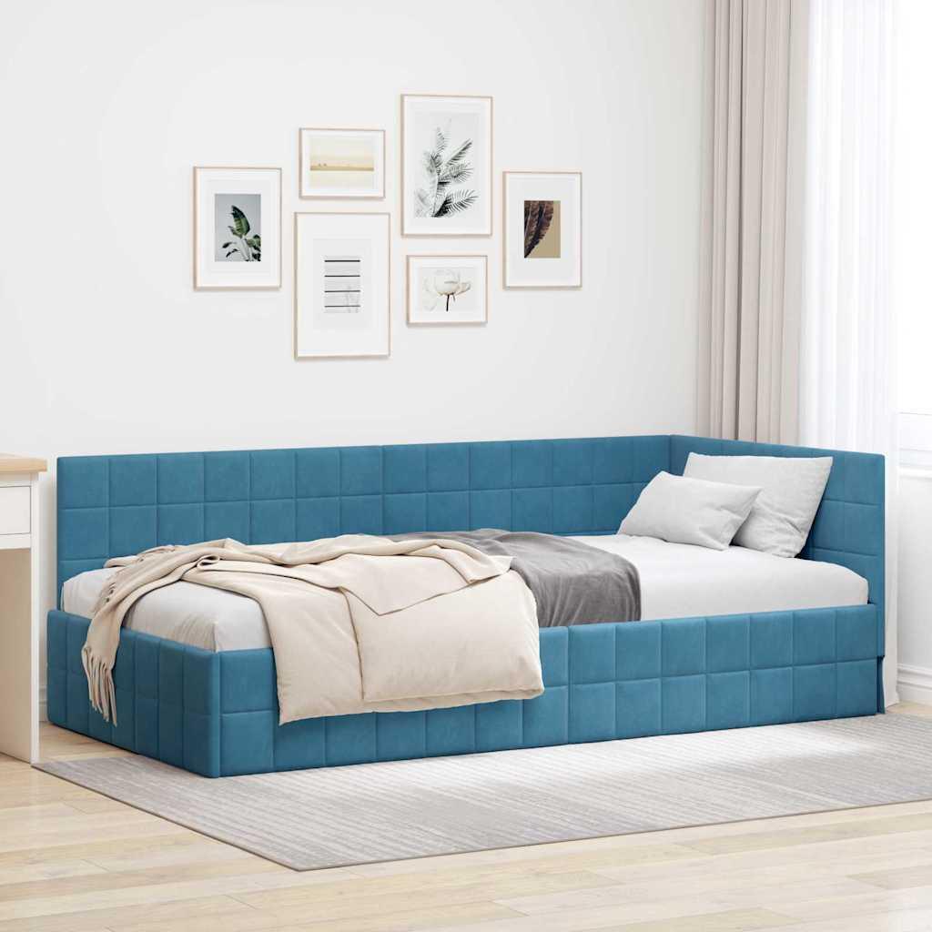 Hjørnesengramme med hovedgærde 100 x 200 cm i blå fløjl