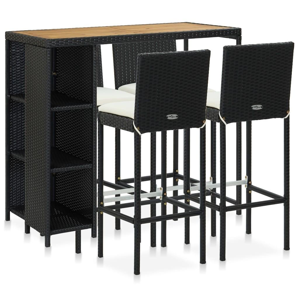 Havebarsæt 5 dele med hynder polyrattan sort