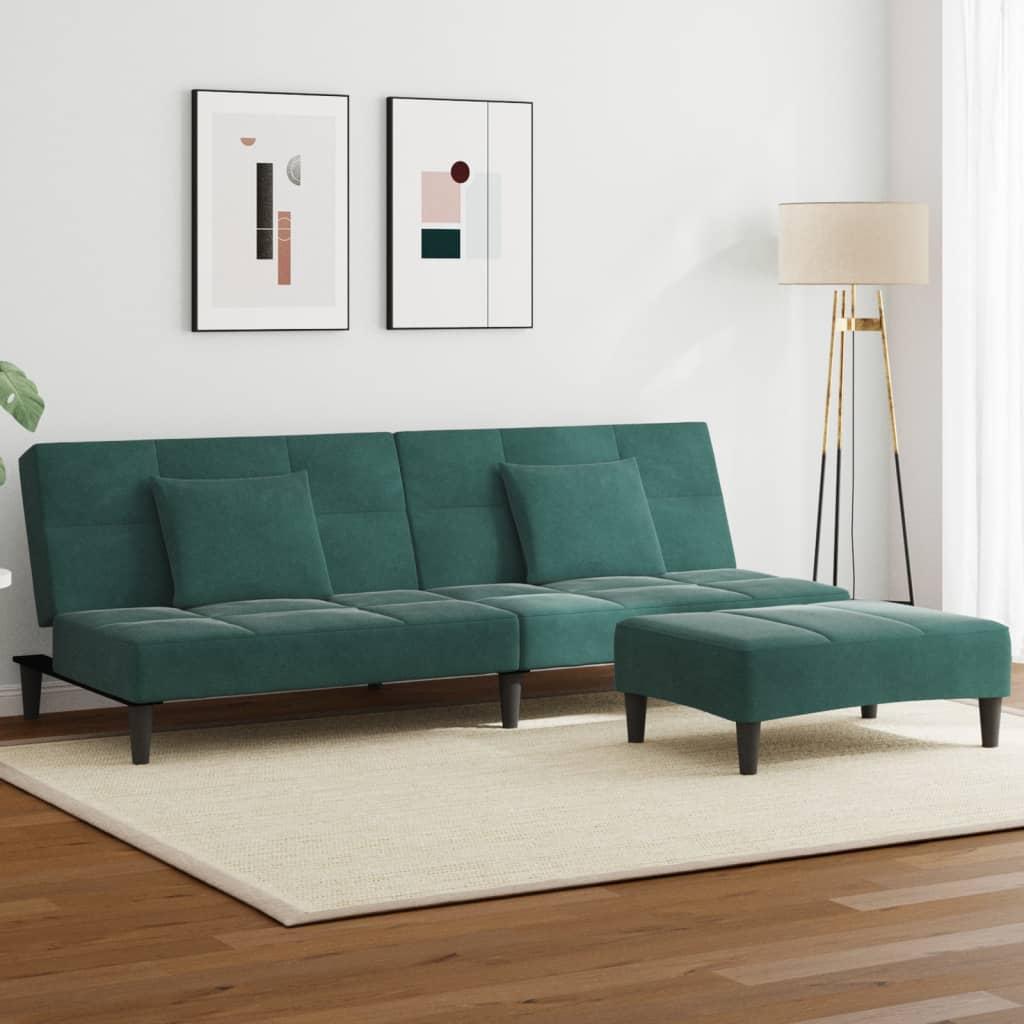 2-personers sovesofa med fodskammel i velour - mørkegrøn