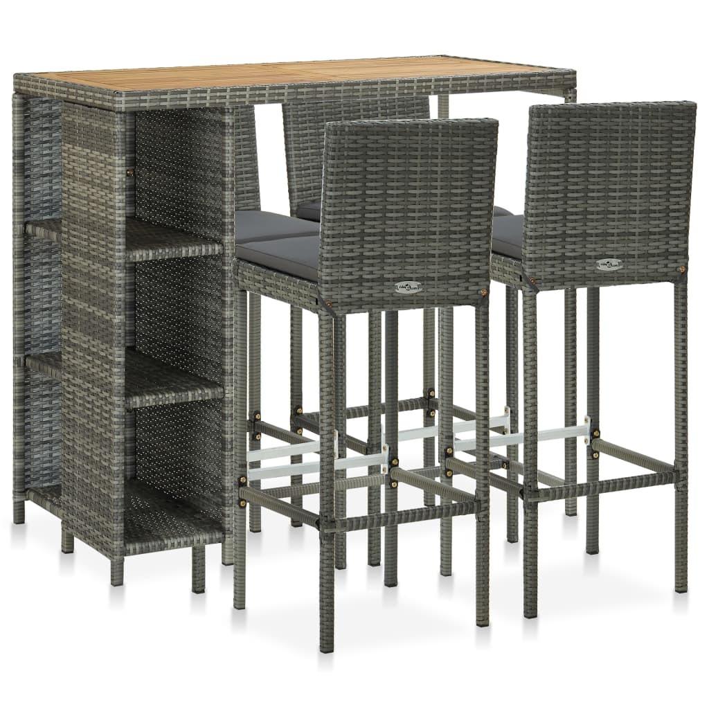 Havebarsæt 5 dele med hynder polyrattan grå