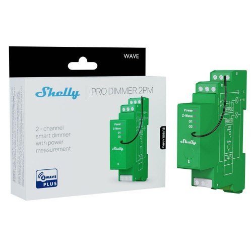 Dæmper til lys Shelly Wave Pro Dimmer 2PM - Z‑Wave, 2 kanaler, DIN-skinne