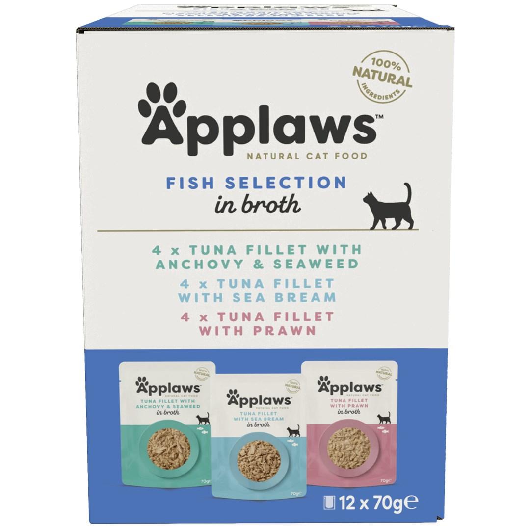 Vådfoder til kat - Applaws Fish Selection i bouillon, multipack 12×70 g
