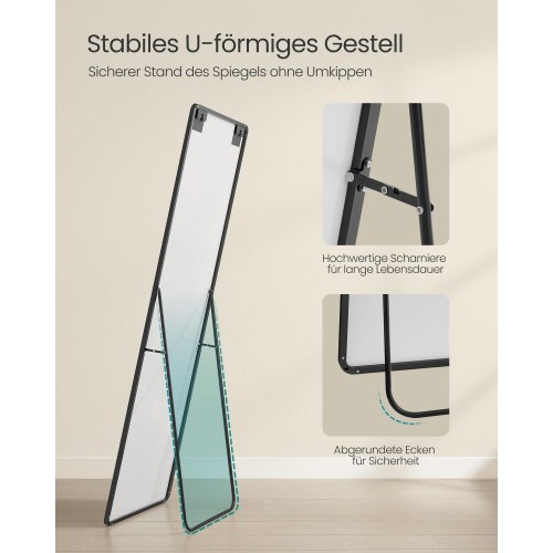 Gulvspejl fuld længde 160 × 50 cm – SONGMICS, rektangulært med støtteben, hærdet glas, aluminiumsramme, ink black