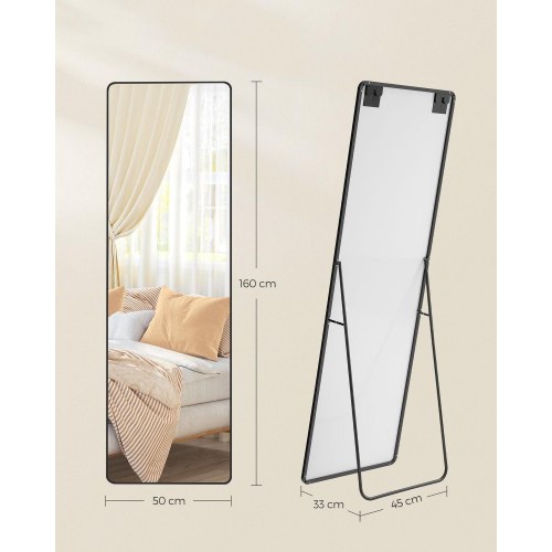 Gulvspejl fuld længde 160 × 50 cm – SONGMICS, rektangulært med støtteben, hærdet glas, aluminiumsramme, ink black