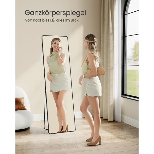 Gulvspejl fuld længde 160 × 50 cm – SONGMICS, rektangulært med støtteben, hærdet glas, aluminiumsramme, ink black