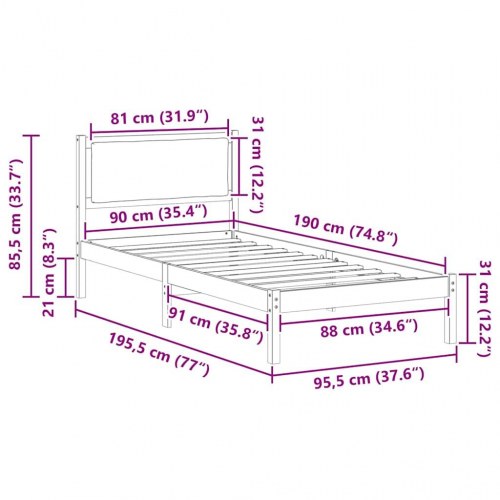 Sengestel med hovedgærde sort 90 x 190 cm i massivt fyrretræ