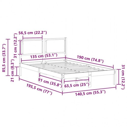 Sengestel med hovedgærde - mørkegrå 135 x 190 cm