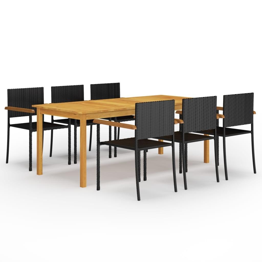 Spisebordssæt til haven - 7 dele, sort/brun, akacietræ og polyrattan