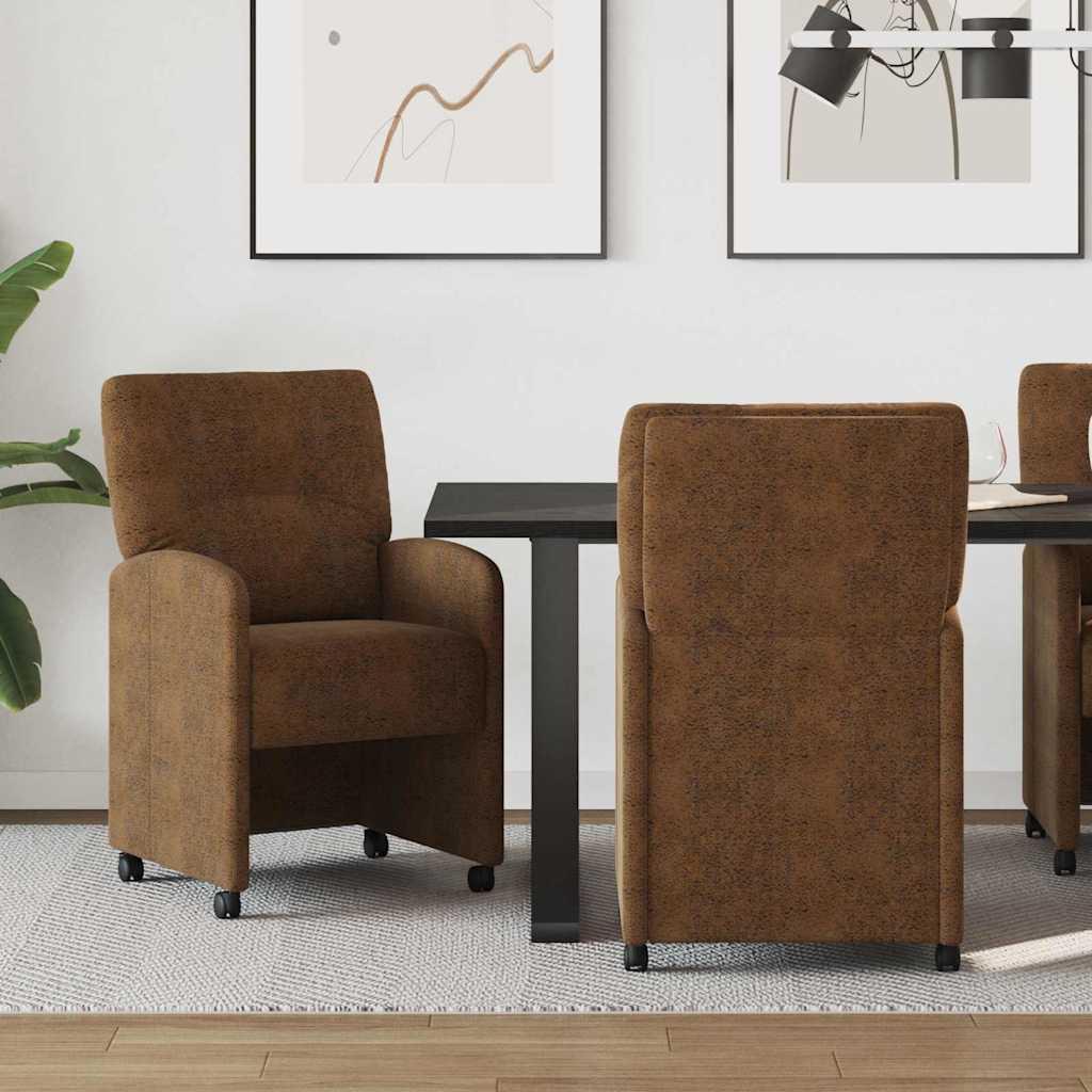 Spisestole med hjul 2 stk Brun 57 x 67 x 95 cm Faux suede læder