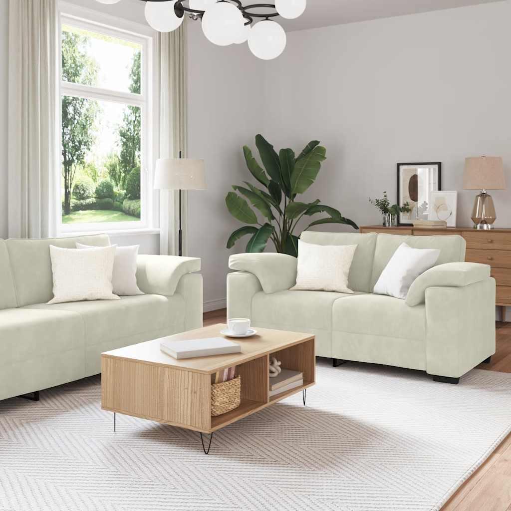 Sofasæt i velour - 3 dele med hynder, cremefarvet