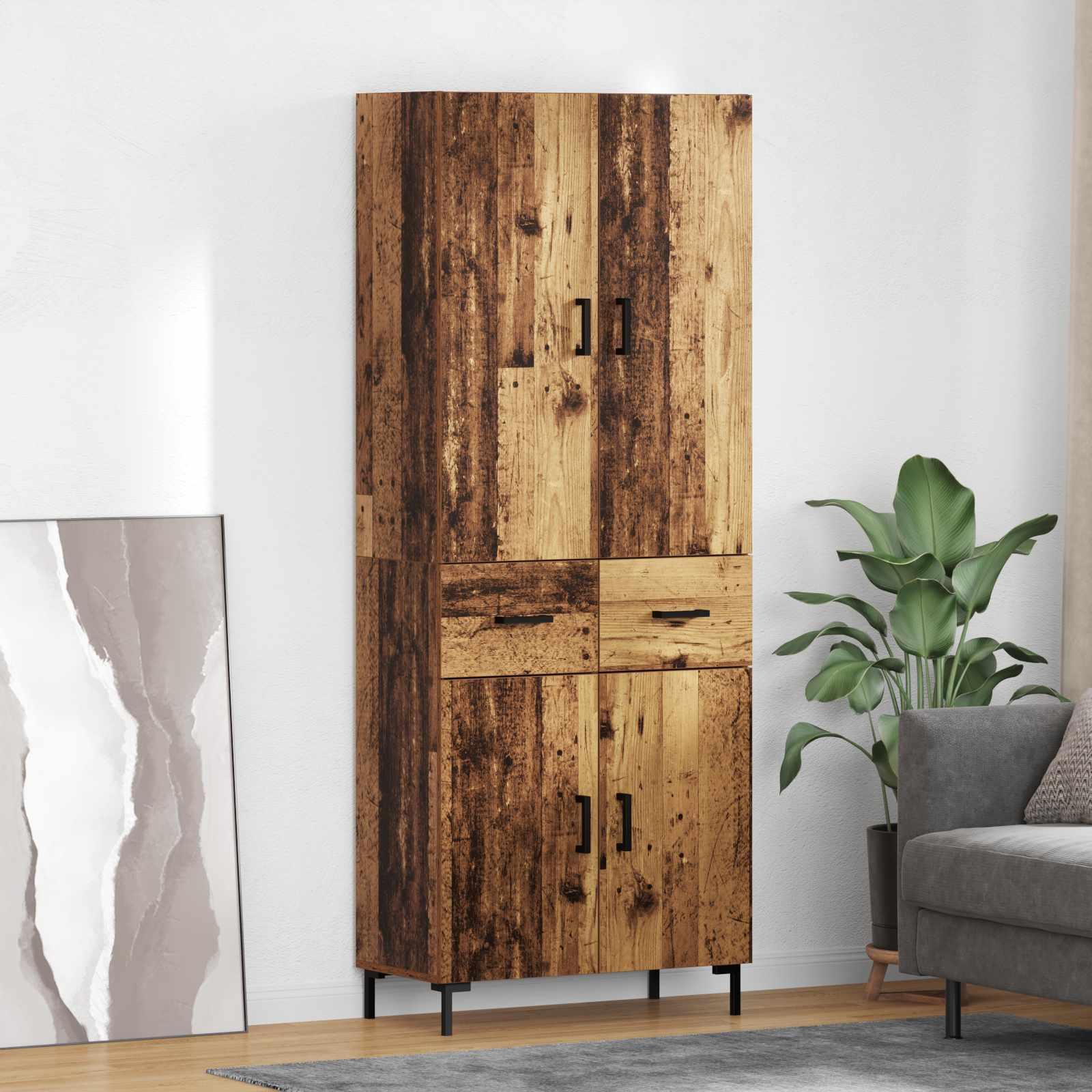 Højskab 69,5x34x180 Cm Konstrueret Træ - Gammelt træ / 2 låger og 2 skuffer