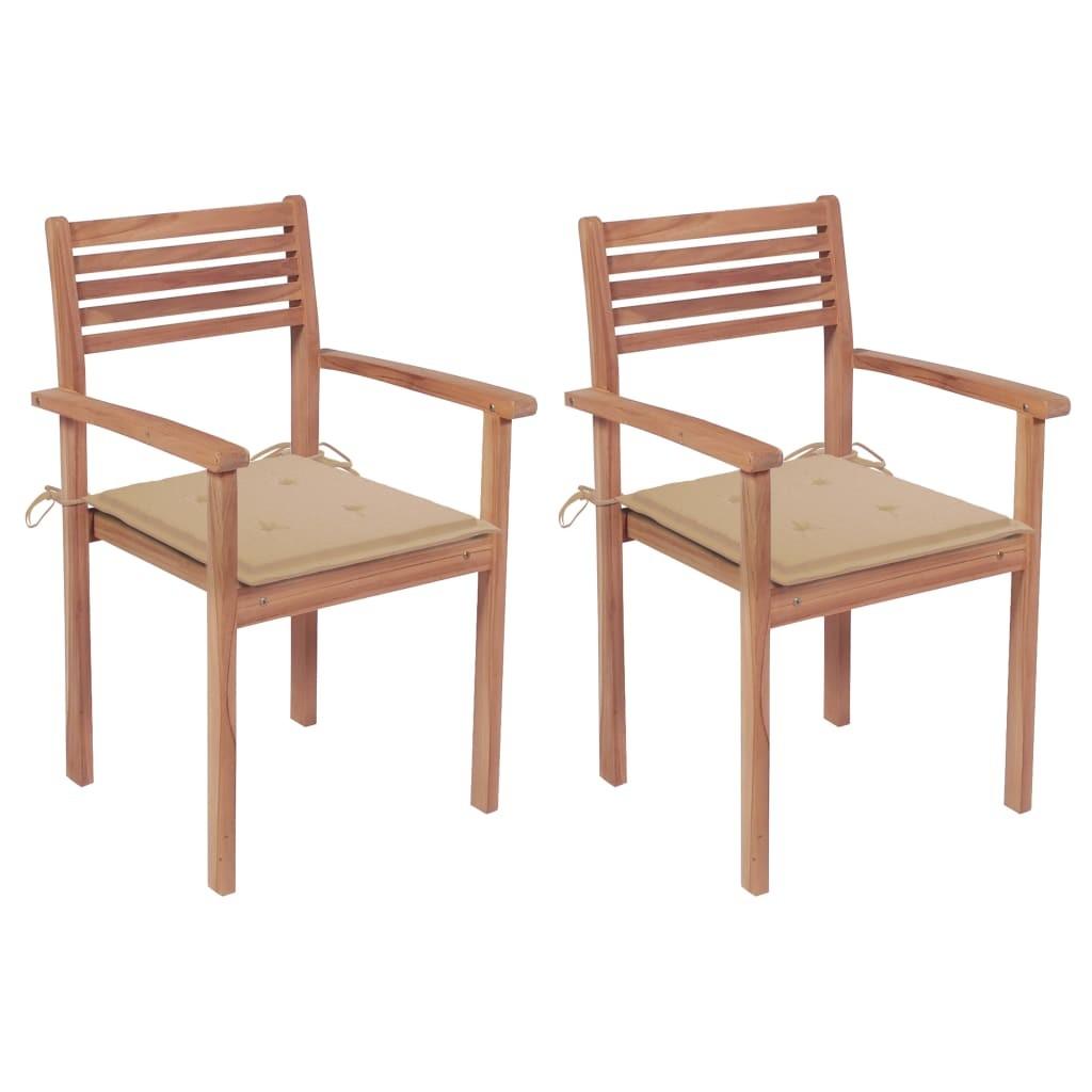 Havestole 2 stk. med beige hynder massivt teaktræ
