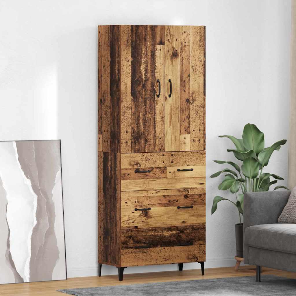 Highboard i gammelt træ-look 69,5 × 34 × 180 cm - konstrueret træ, væghængt skænk med skuffer og dør
