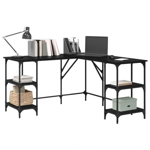 L-formet skrivebord med hylder - sort eg 139 x 139 x 75 cm
