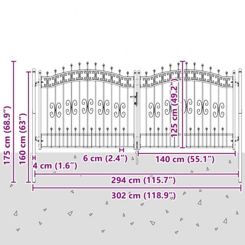 Hegn Port med Spydtop med lås Grå 305 x 125 cm Stål