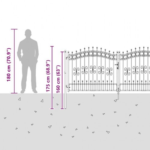 Hegn Port med Spydtop med lås Grå 305 x 125 cm Stål