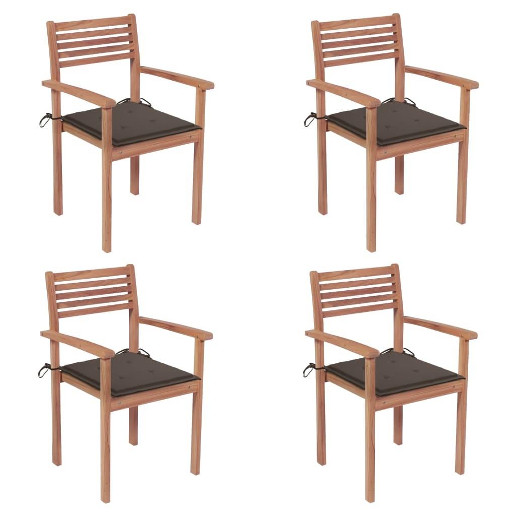 Havestole 4 stk. med gråbrune hynder massivt teaktræ