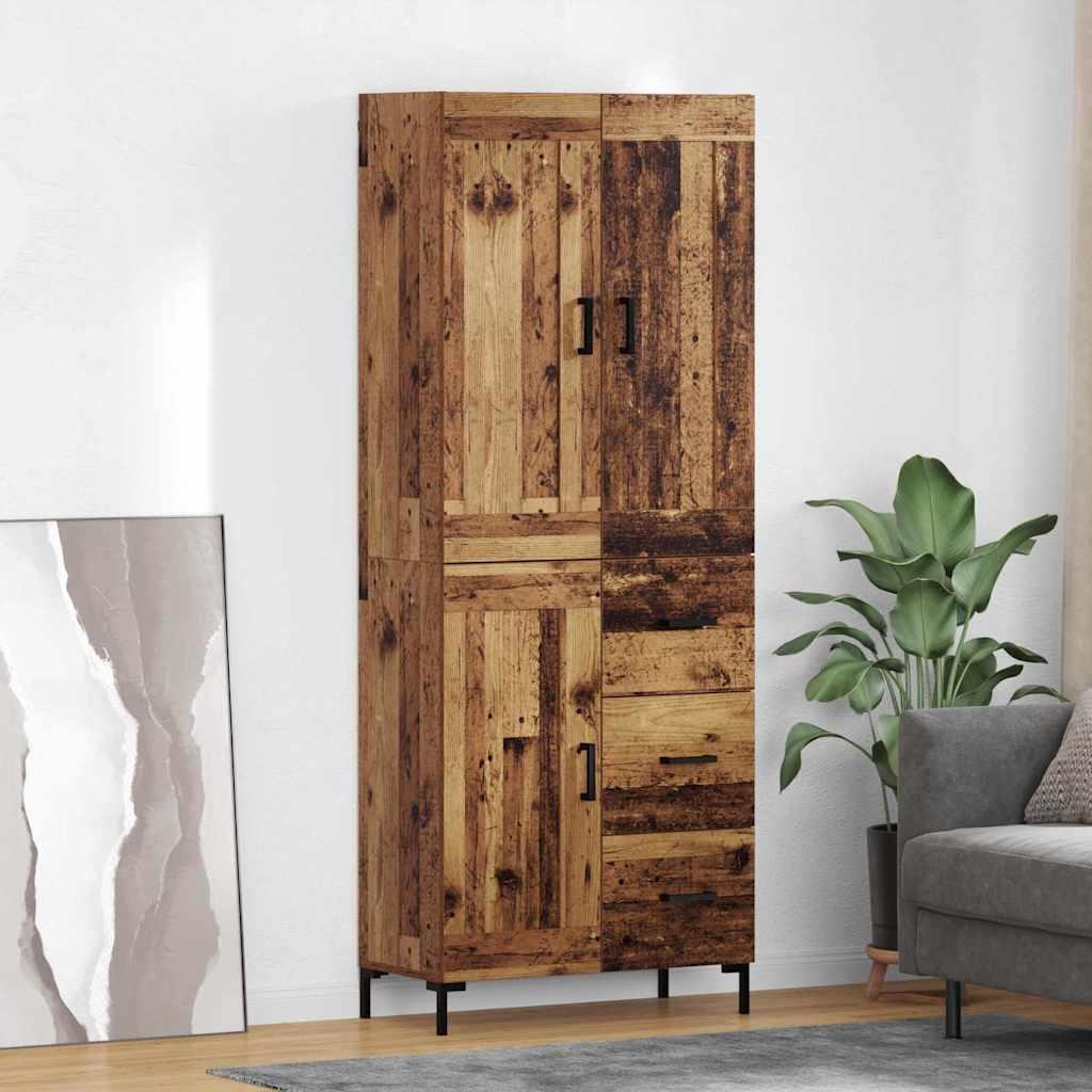 Highboard med skuffer og 3 døre - gammelt træ look, konstrueret træ, 69,5 × 34 × 180 cm