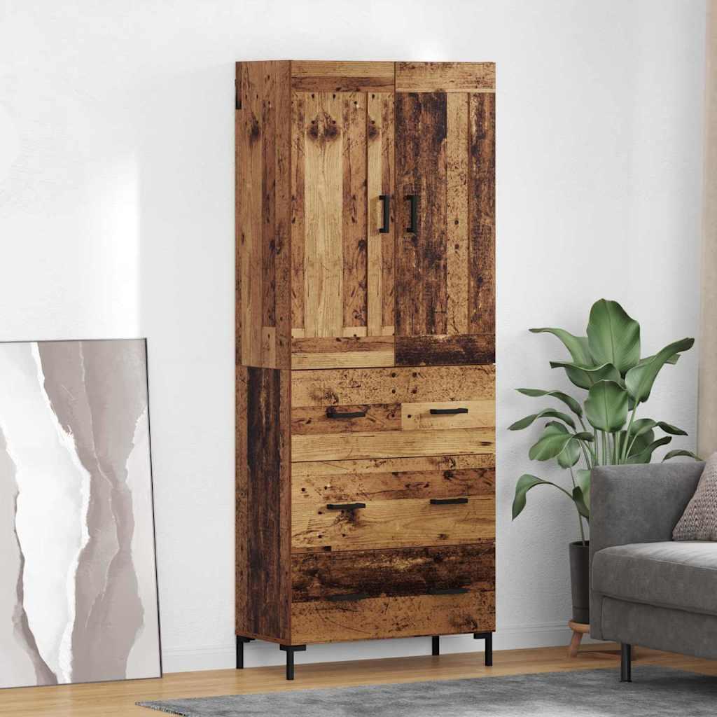 Highboard med skuffer og døre - gammelt træ look, konstrueret træ, 69,5×34×180 cm