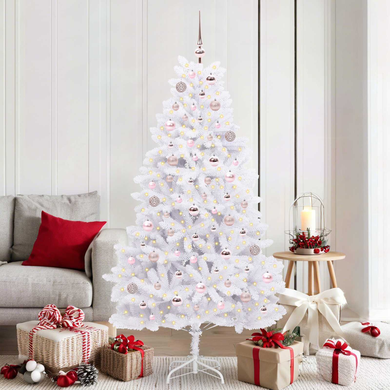 Kunstigt Hinged Juletræ med 300 LED'er Hvid 180 cm PVC og Stål