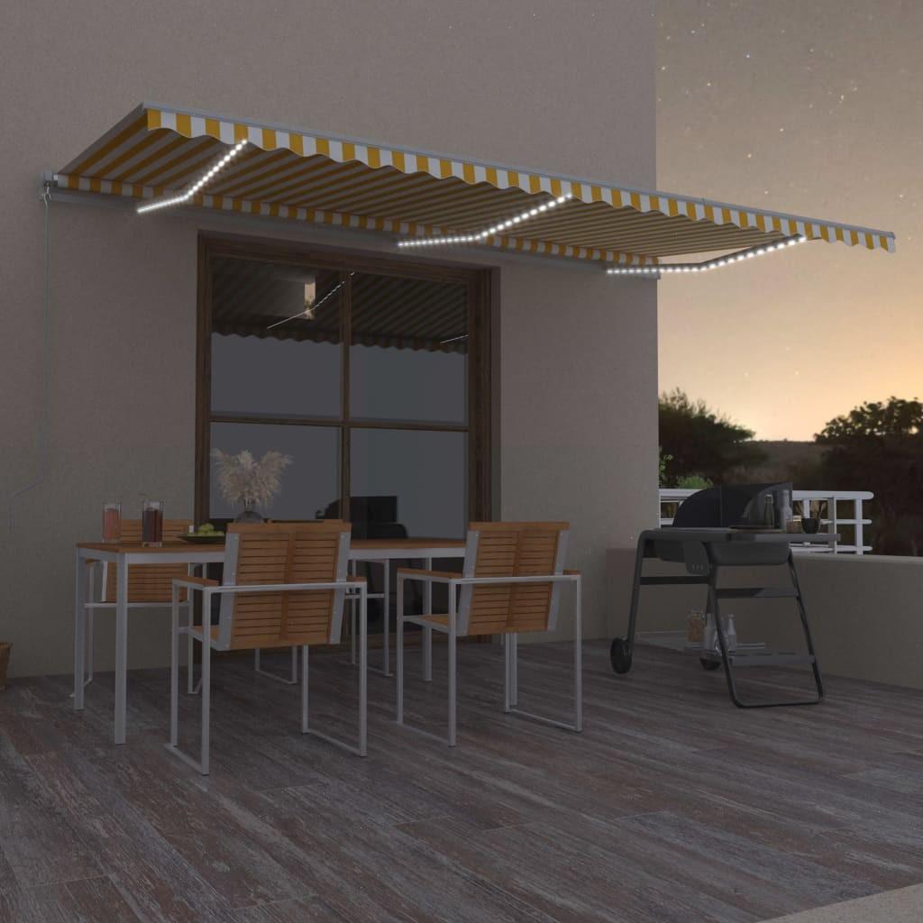 Markise m. LED-lys 600x300 cm manuel betjening gul og hvid
