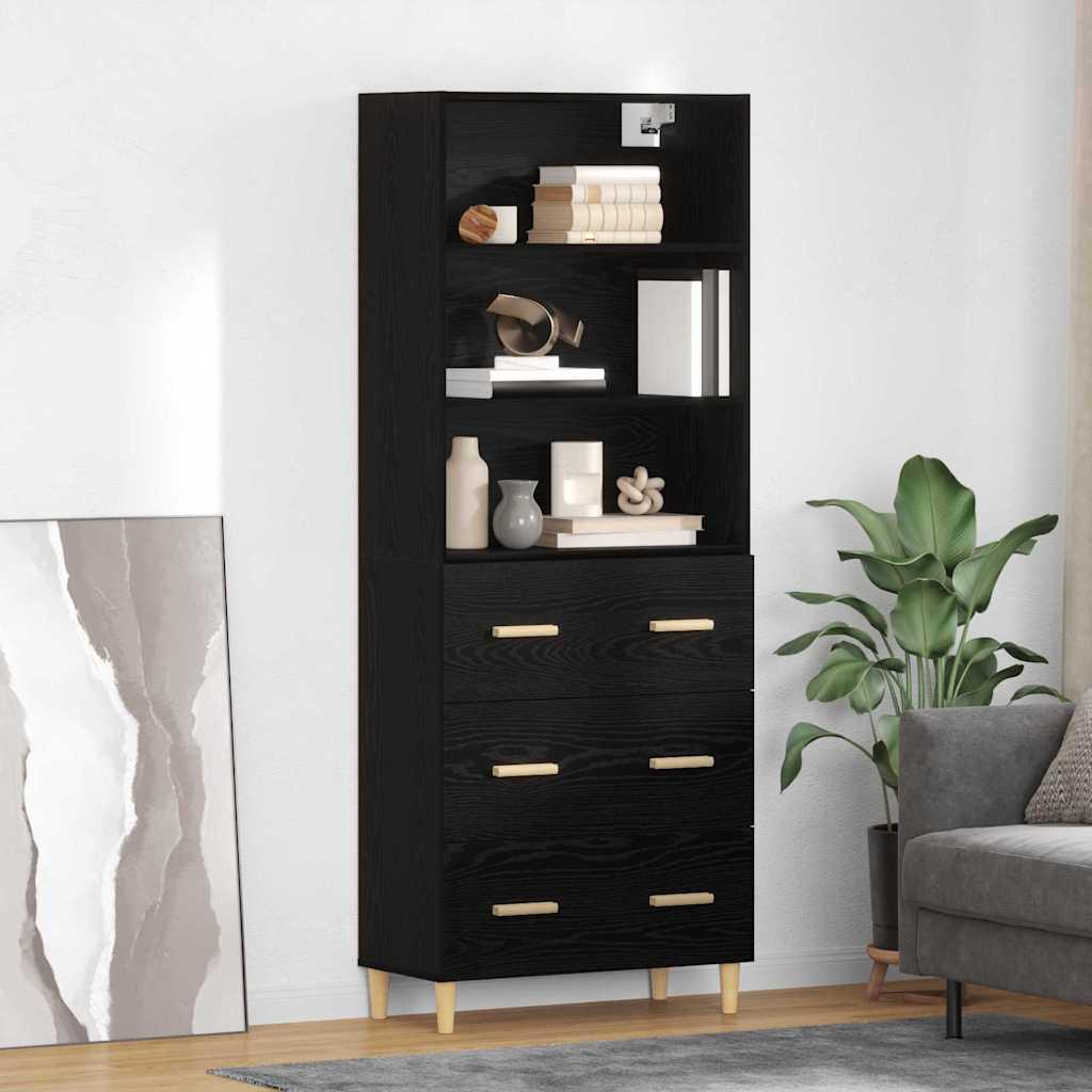 Highboard i sort eg - 69,5 × 32,5 × 180 cm, konstrueret træ