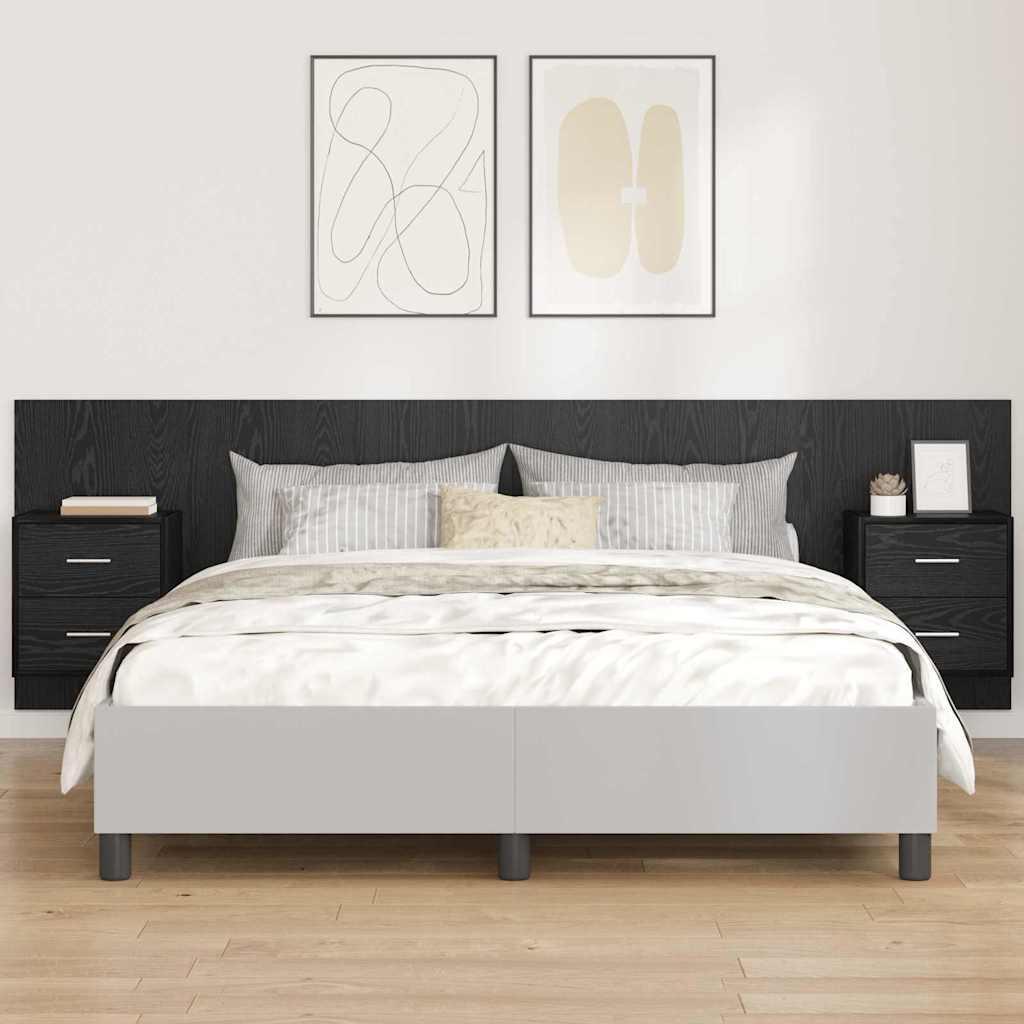 Hovedgærde med 2 natborde - sort eg, konstrueret træ, 257 × 32,5 × 80 cm