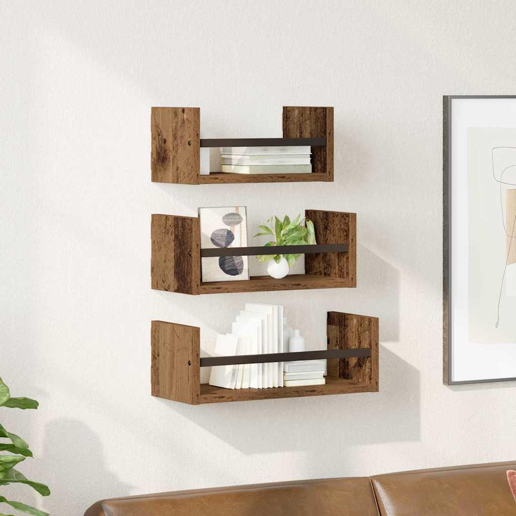 Væghyldesæt 3 stk Gammelt træ 40x16x14cm Konstrueret træ