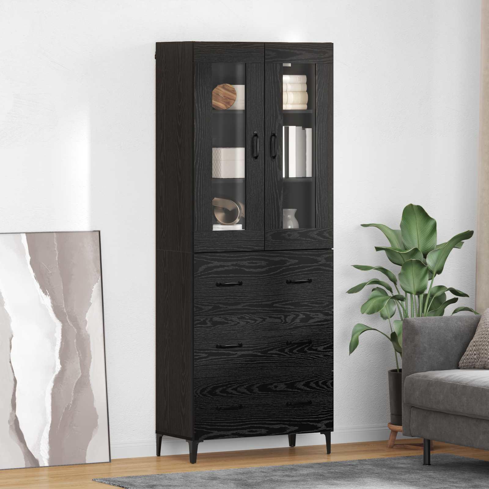 Highboard med skuffer - sort eg, 69,5 × 34 × 180 cm, konstrueret træ