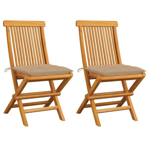 Foldbare havestole i massivt teaktræ med beige hynder - 2 stk.