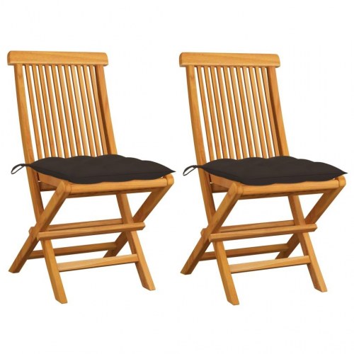 Foldbare havestole i massivt teak med gråbrune hynder - 2 stk.
