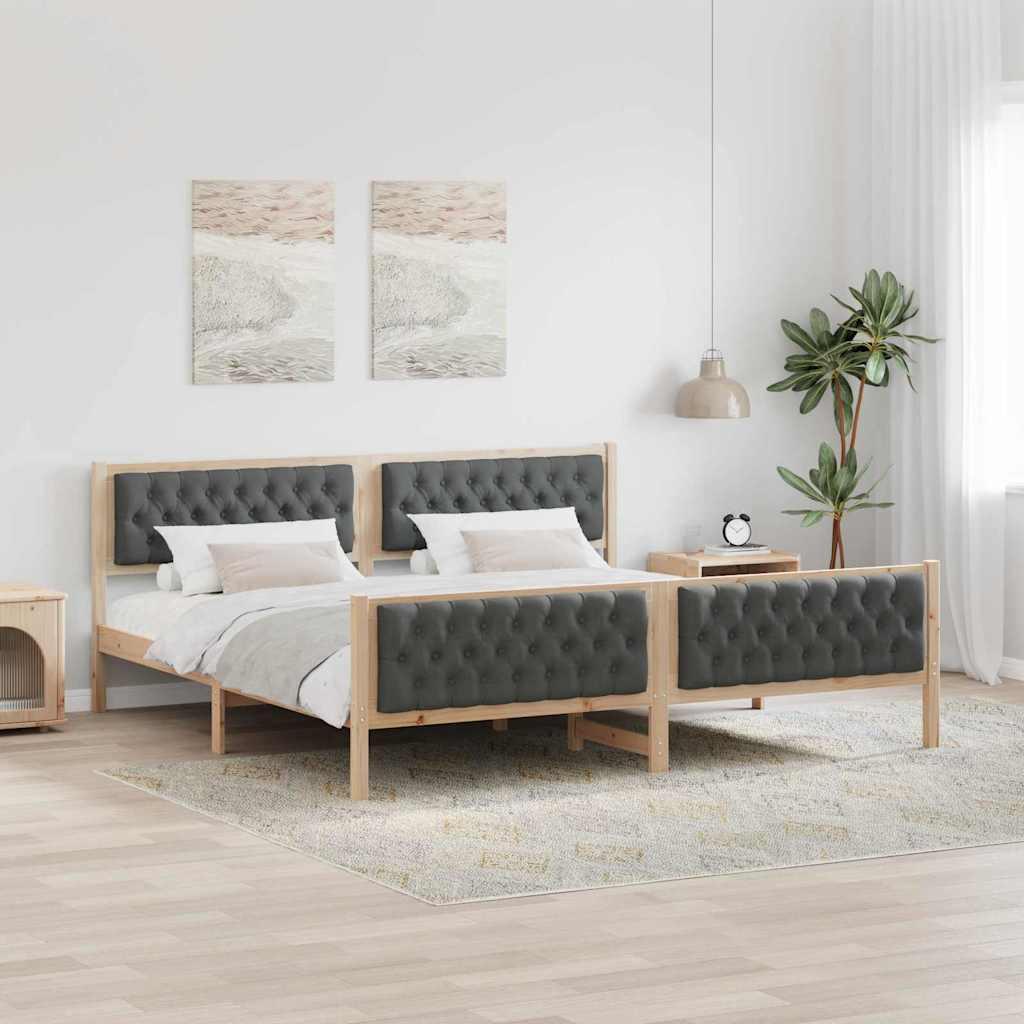 Sengestel med polstret hovedgÃ¦rde - mÃ¸rkegrÃ¥, 200 x 200 cm, massiv fyrretrÃ¦