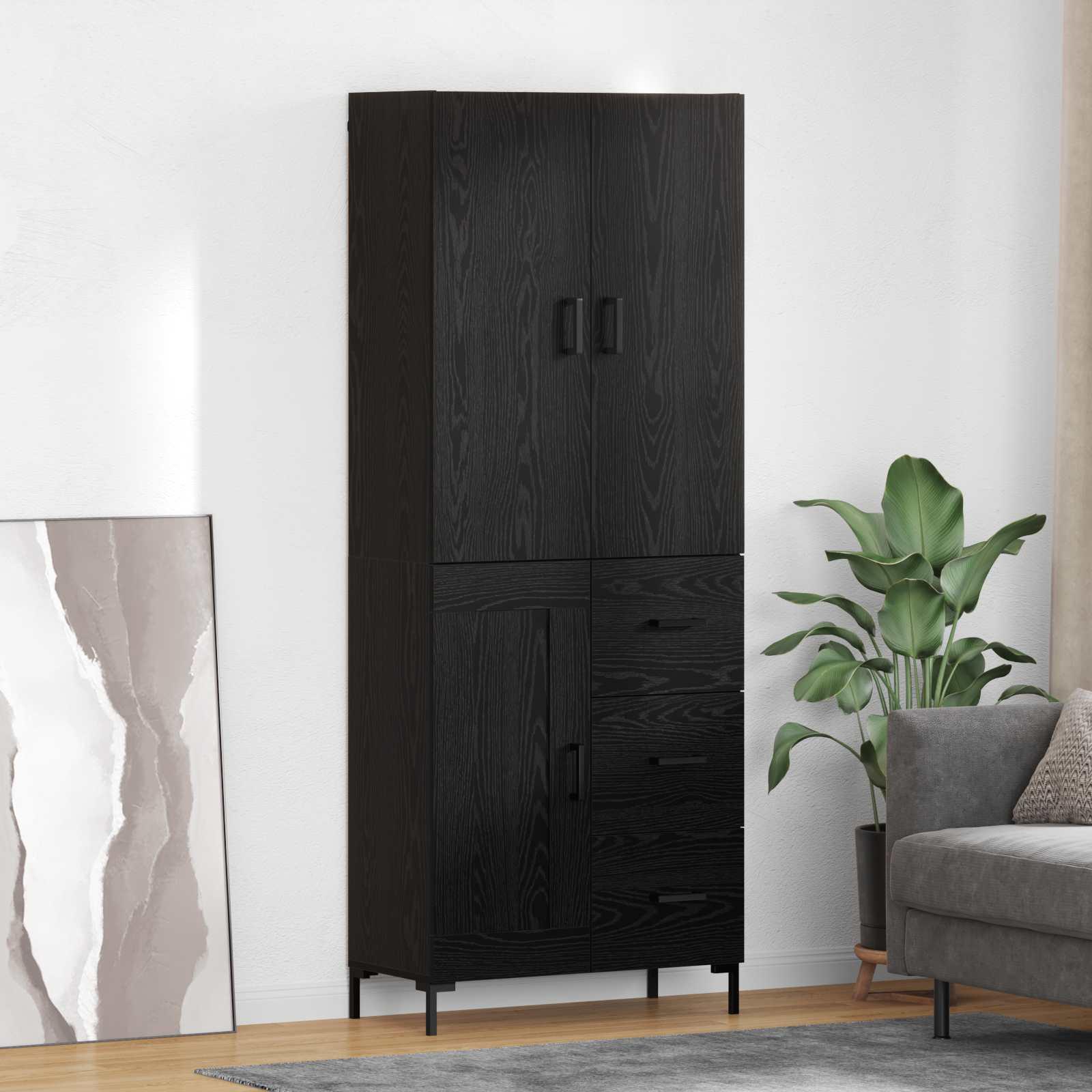 Highboard med skuffer og dør - sort eg, 69,5 × 34 × 180 cm, konstrueret træ