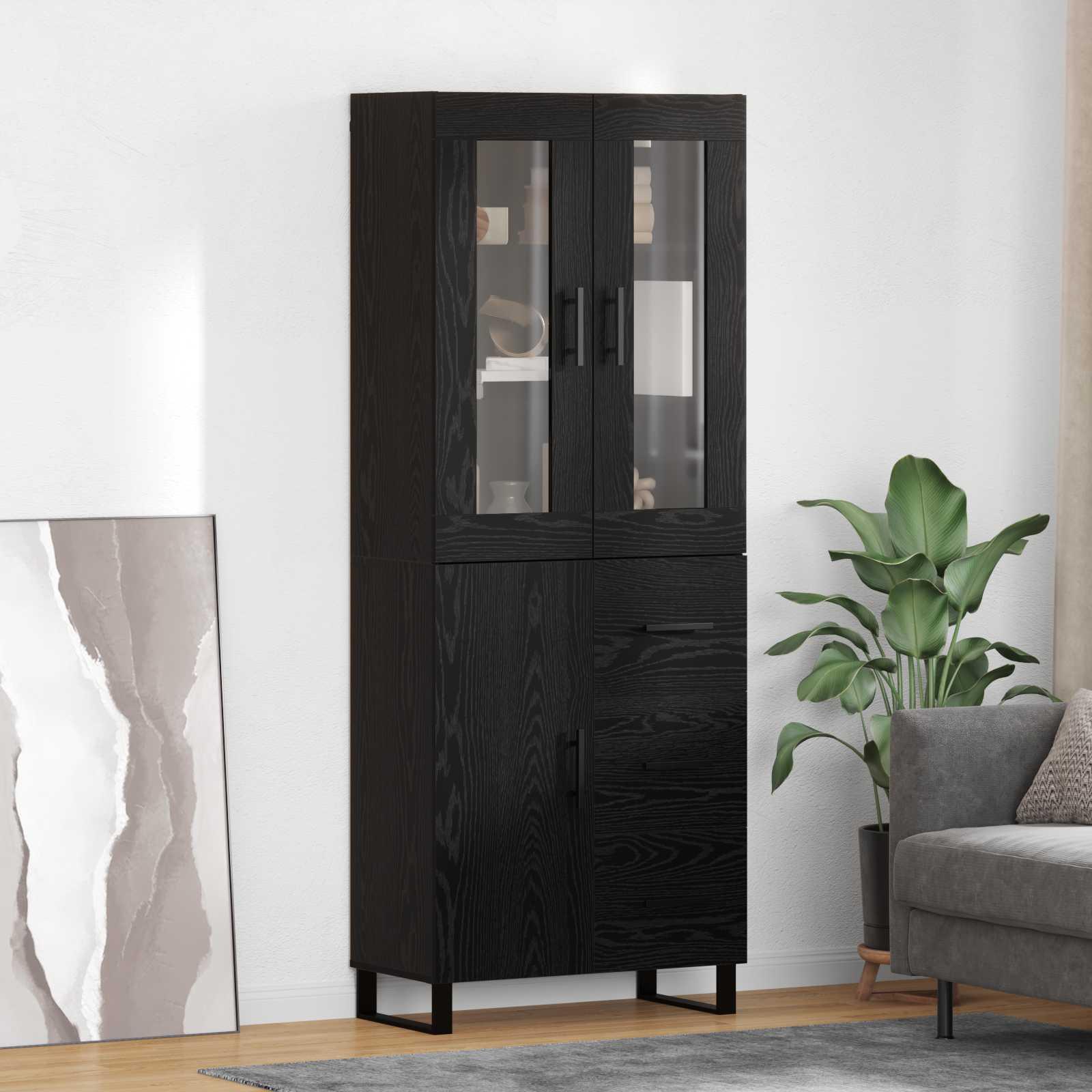 Highboard med skuffe 2 stk Sort eg Ingeniørtræ og glas