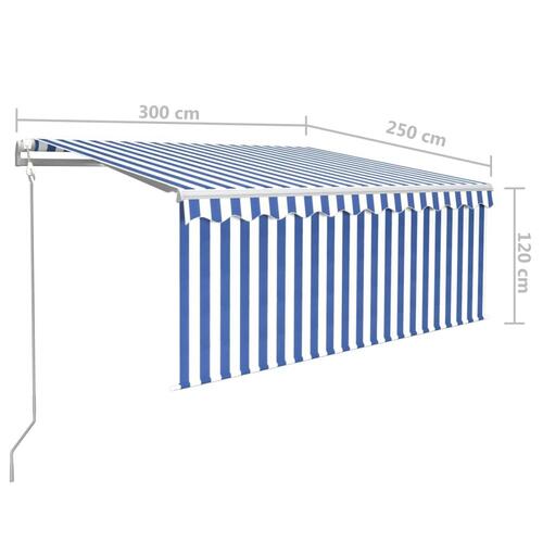 Markise m. gardin 3x2,5 m manuel betjening blå og hvid