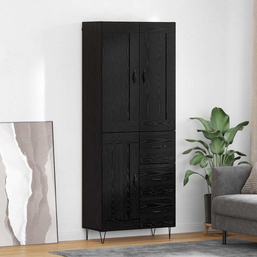 Highboard med skuffe i sort eg - 69,5 × 34 × 180 cm, konstrueret træ