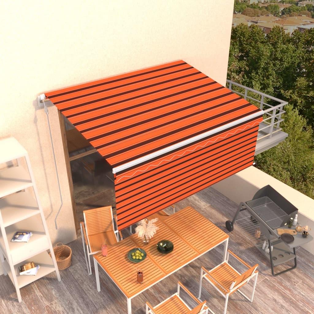 Markise m. gardin 3x2,5 m manuel betjening orange og brun