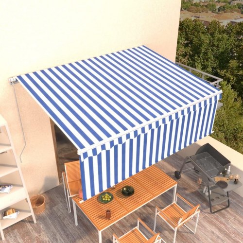 Markise med gardin 4×3 m - manuel betjening, blå/hvid