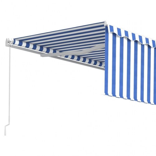 Markise med gardin 4×3 m - manuel betjening, blå/hvid