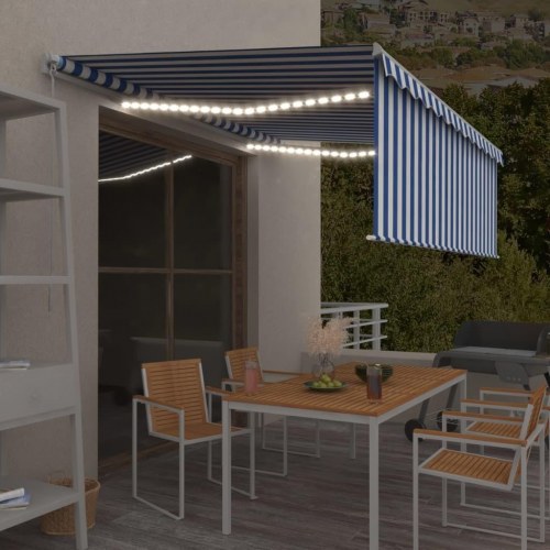 Markise med rullegardin og LED 4×3 m - manuel, blå/hvid